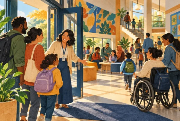 Illustration of an educator welcoming families into a bright school entrance, including a parent using a wheelchair.