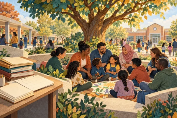 Illustration of families, educators and children gathering beneath a tree in a school courtyard, with program folders nearby.